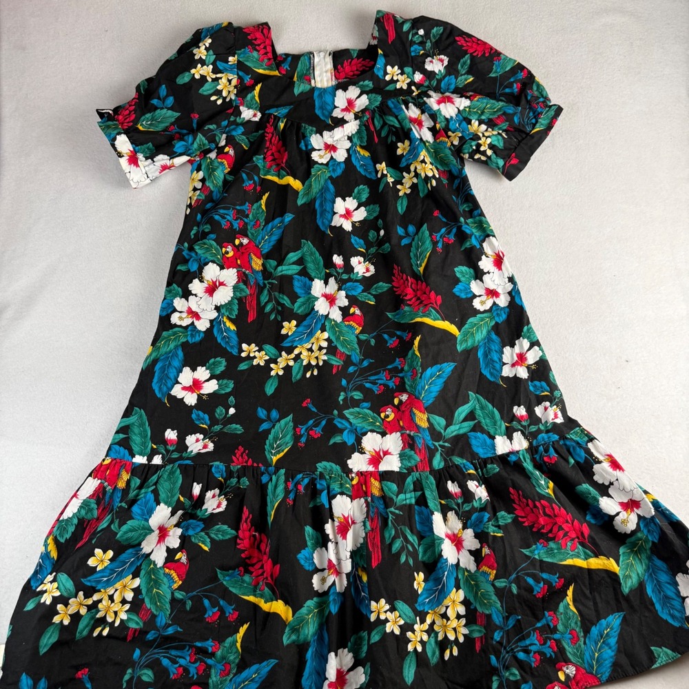Royal Creations Hawaii Vintage Tropical Parrot Floral Tiered Muumuu Dress Medium